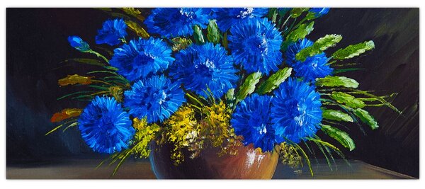 Kék virágok képe egy vázában (120x50 cm)
