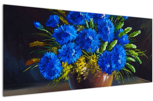 Kék virágok képe egy vázában (120x50 cm)