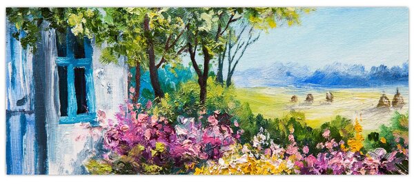 Kép a ház előtti kertről, olajfestmény (120x50 cm)