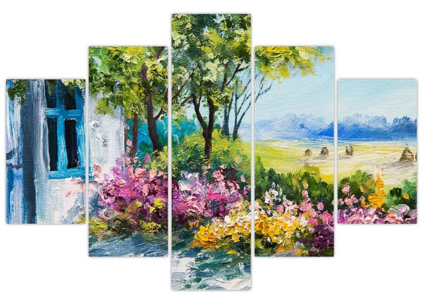 Kép a ház előtti kertről, olajfestmény (150x105 cm)