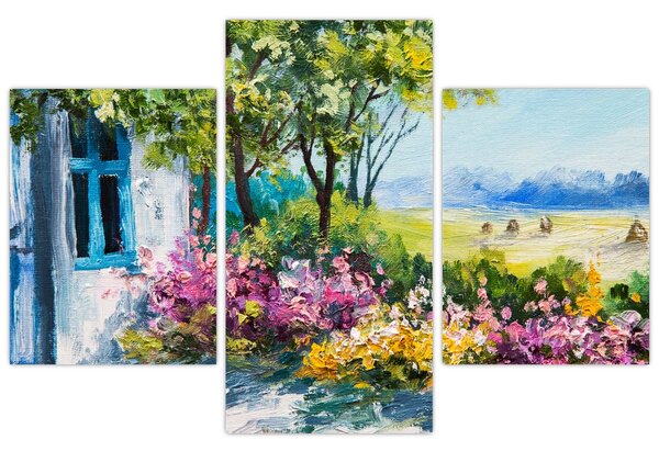 Kép a ház előtti kertről, olajfestmény (90x60 cm)