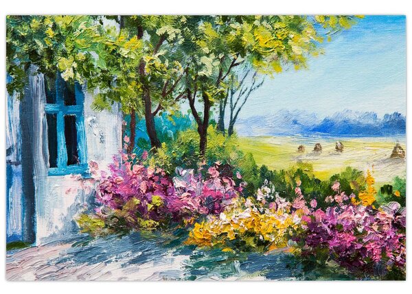 Kép a ház előtti kertről, olajfestmény (90x60 cm)