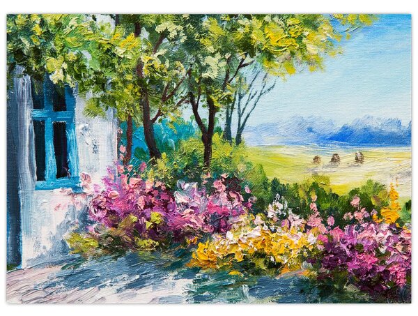 Kép a ház előtti kertről, olajfestmény (70x50 cm)