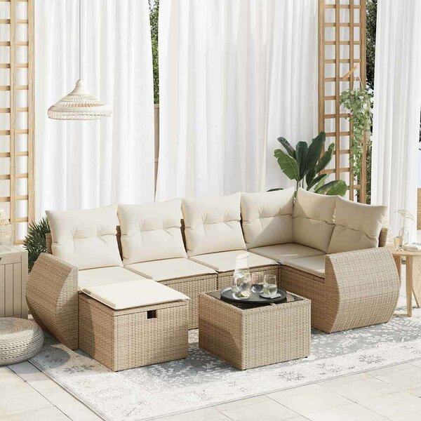 VidaXL 7 részes bézs polyrattan kerti ülőgarnitúra párnákkal