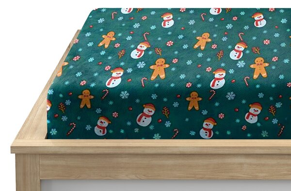 SNOWMAN AND GINGERBREAD 160x200 cm zöld mikroplüss lepedő
