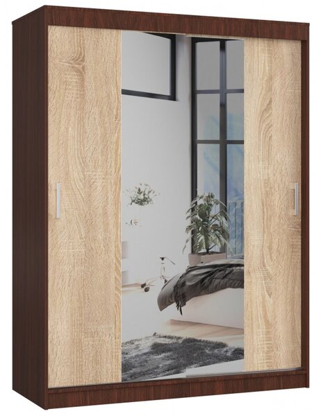 CLP 150 cm-es tolóajtós ruhásszekrény tükörrel, wenge/sonoma tölgy színben
