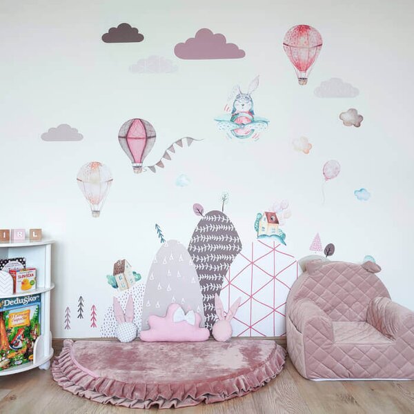 INSPIO - átragasztható textil matrica - Falmatrica gyerekszobába - Rózsaszín hőlégballon matrica névvel gyerekszobába