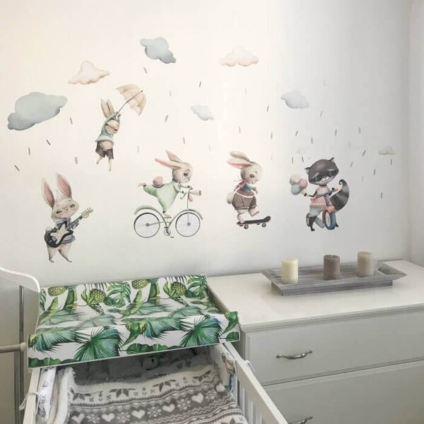 INSPIO - átragasztható textil matrica - Falmatricák - Kiránduló akvarell nyuszik