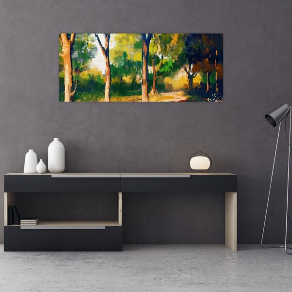 Erdő képe a nyári napsütésben, festmény (120x50 cm)