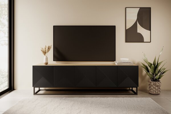 Asha RTV szekrény 200 cm - ryflowott előlap / fekete fém lábak, artisan / fekete matt
