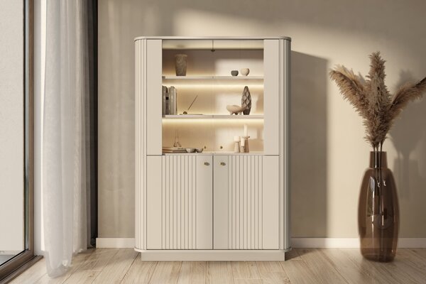 Vesper négyajtós vitrines szekrény 103 cm lábazaton - kasmír / arany fogantyúk
