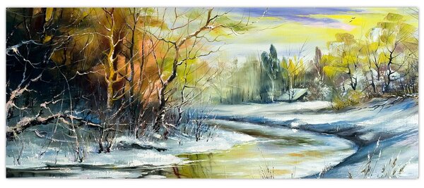 Egy téli folyó képe, olajfestmény (120x50 cm)