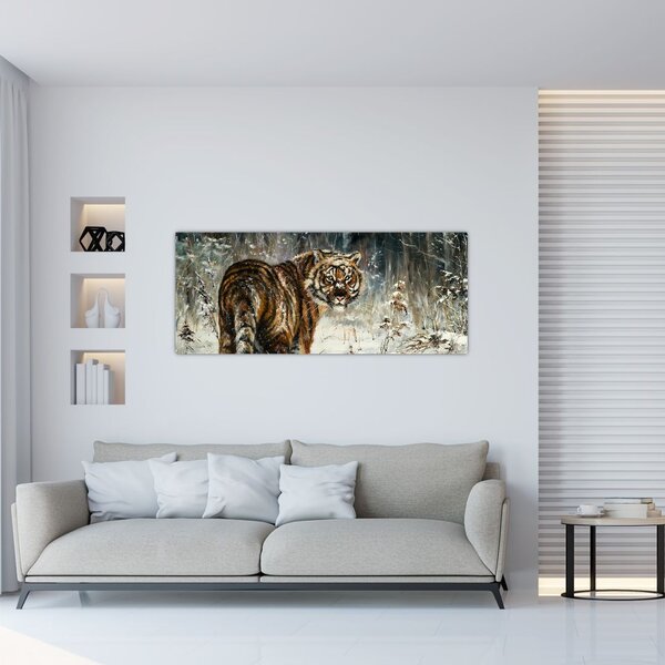 Kép - tigris a havas erdőben, olajfestmény (120x50 cm)