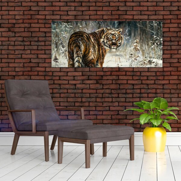 Kép - tigris a havas erdőben, olajfestmény (120x50 cm)