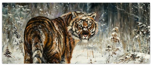 Kép - tigris a havas erdőben, olajfestmény (120x50 cm)