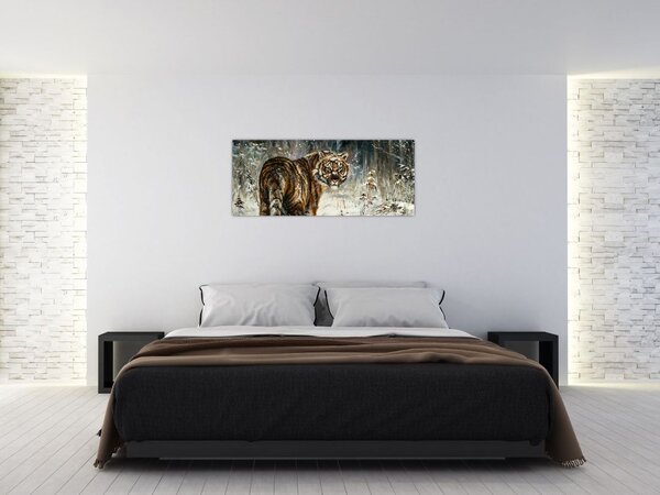 Kép - tigris a havas erdőben, olajfestmény (120x50 cm)