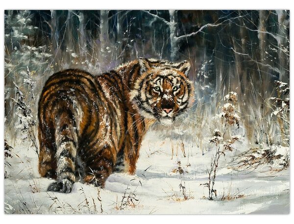 Kép - tigris a havas erdőben, olajfestmény (70x50 cm)