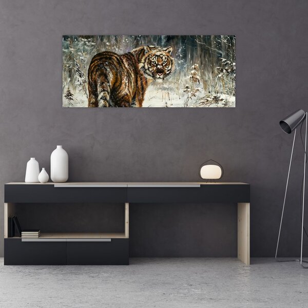 Kép - tigris a havas erdőben, olajfestmény (120x50 cm)