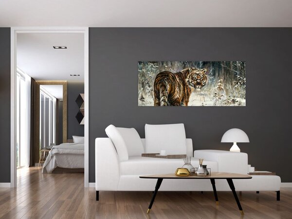 Kép - tigris a havas erdőben, olajfestmény (120x50 cm)