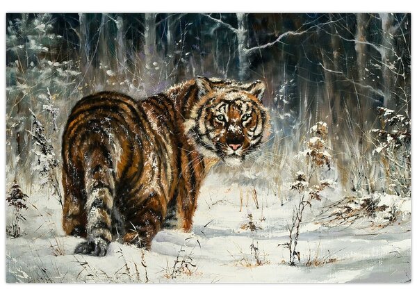 Kép - tigris a havas erdőben, olajfestmény (90x60 cm)