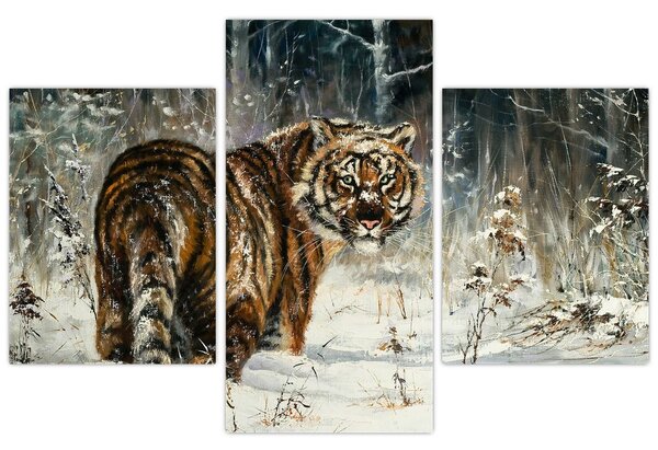 Kép - tigris a havas erdőben, olajfestmény (90x60 cm)