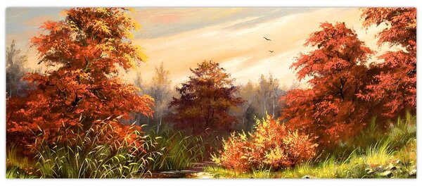 Kép egy folyóról egy őszi tájban, olajfestmény (120x50 cm)