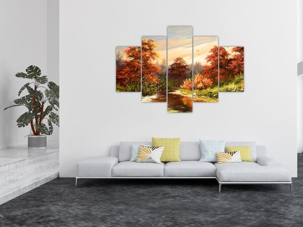Kép egy folyóról egy őszi tájban, olajfestmény (150x105 cm)