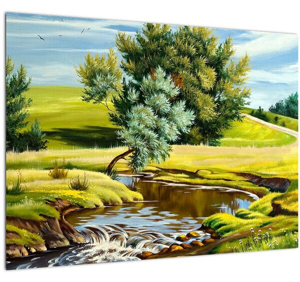 Kép - folyó a rétek között,, olajfestmény (70x50 cm)