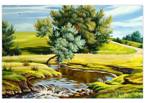 Kép - folyó a rétek között,, olajfestmény (90x60 cm)