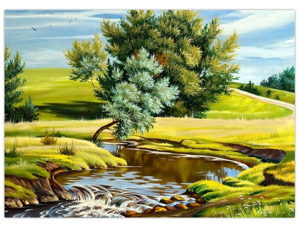 Kép - folyó a rétek között,, olajfestmény (70x50 cm)
