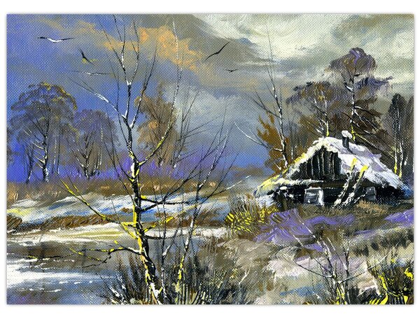 Téli tájon lévő házikó képe, olajfestmény (70x50 cm)