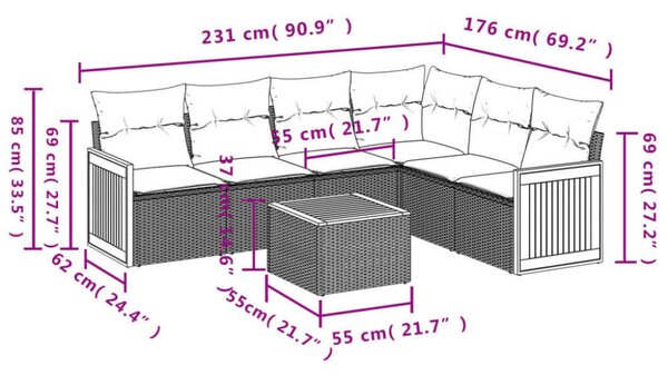 VidaXL 7 részes bézs polyrattan kerti ülőgarnitúra párnákkal
