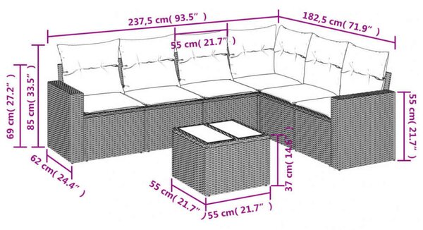 VidaXL 7 részes bézs polyrattan kerti ülőgarnitúra párnákkal
