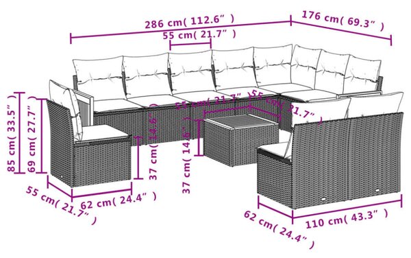 VidaXL 11 részes bézs polyrattan kerti ülőgarnitúra párnákkal