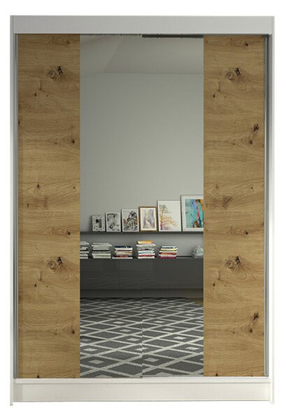 LINO II gardróbszekrény, 120 cm szélesség – fehér / artisan tölgy