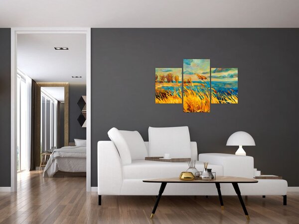 Kép - naplemente a tó felett, akril festmény (90x60 cm)