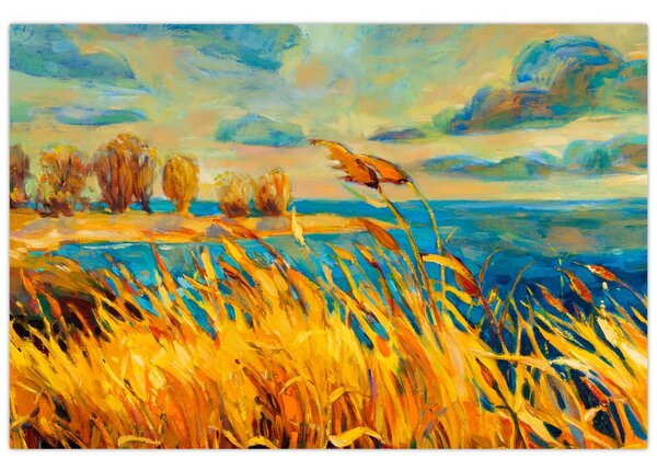 Kép - naplemente a tó felett, akril festmény (90x60 cm)