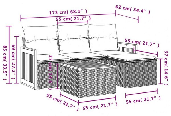 VidaXL 5 részes bézs polyrattan kerti ülőgarnitúra párnákkal