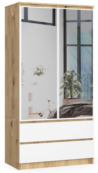 S90 2D2SZ gardróbszekrény tükörrel – artisan tölgy/fehér