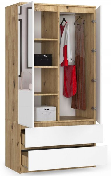 S90 2D2SZ gardróbszekrény tükörrel – artisan tölgy/fehér