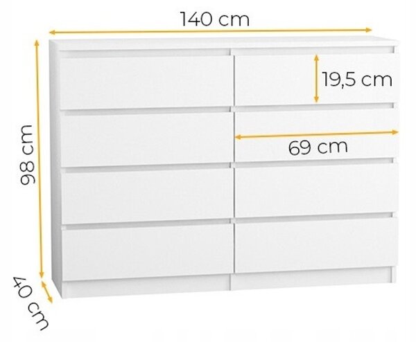 Komód 140/8 cm - fehér