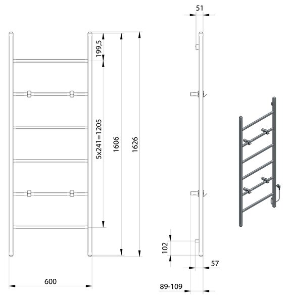 Sapho Sapho, BARBO elektromos törölközőszárító, négyzet alakú, 600x1600 mm, 160 W, fekete matt, BB906