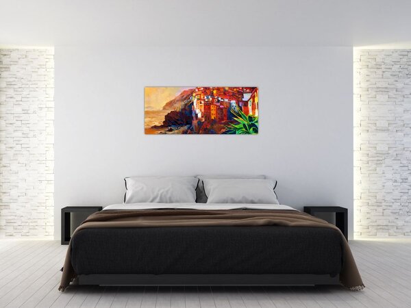 Kép - Falu Cinque Terre partján, az olasz riviérán, modern impresszionizmus (120x50 cm)
