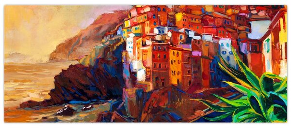 Kép - Falu Cinque Terre partján, az olasz riviérán, modern impresszionizmus (120x50 cm)