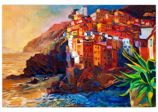 Kép - Falu Cinque Terre partján, az olasz riviérán, modern impresszionizmus (90x60 cm)