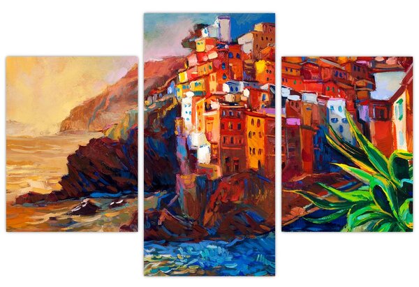 Kép - Falu Cinque Terre partján, az olasz riviérán, modern impresszionizmus (90x60 cm)
