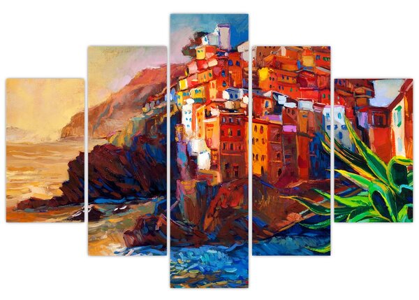 Kép - Falu Cinque Terre partján, az olasz riviérán, modern impresszionizmus (150x105 cm)