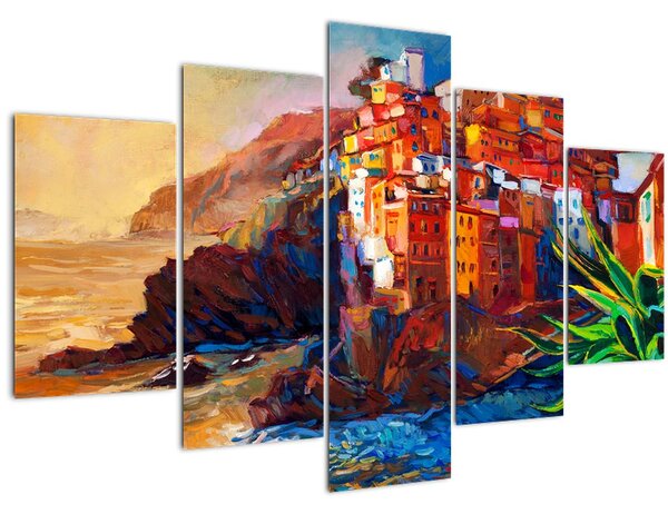 Kép - Falu Cinque Terre partján, az olasz riviérán, modern impresszionizmus (150x105 cm)