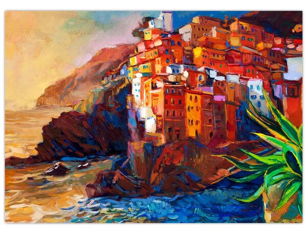 Kép - Falu Cinque Terre partján, az olasz riviérán, modern impresszionizmus (70x50 cm)