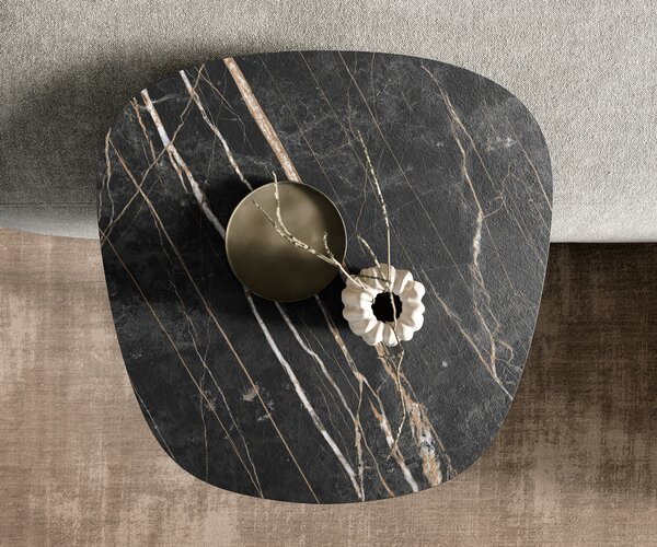 DELIFE Dohányzóasztal Edge hajóformájú 60x60 cm Laminam® kerámia Noir Desir barna Eleny szálcsiszolt rozsdamentes acél